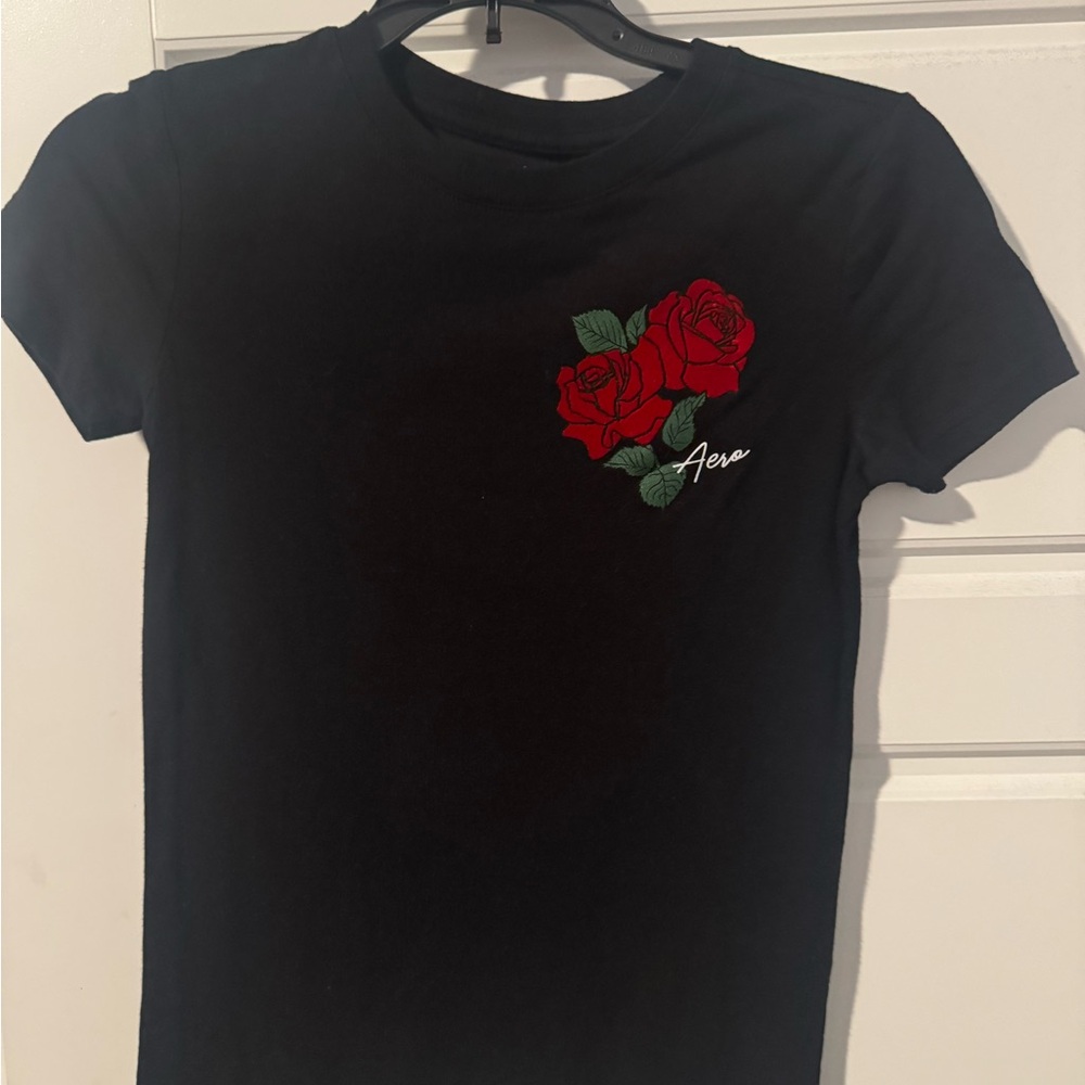 Aeropostale Black Tee with Red Rose Design